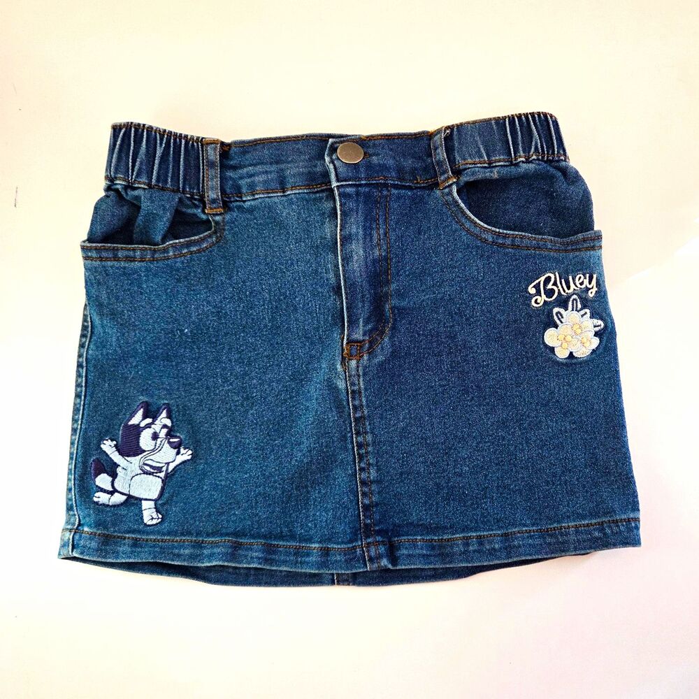 Bluey Girls 5T Blue Denim Mini Skirt Embroidered Cartoon Elastic Waist Pockets